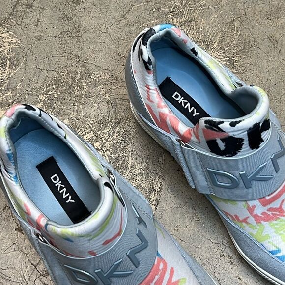 DKNY light blue wedge sneakers with center green pink, and white graphics - Picture 5 of 11